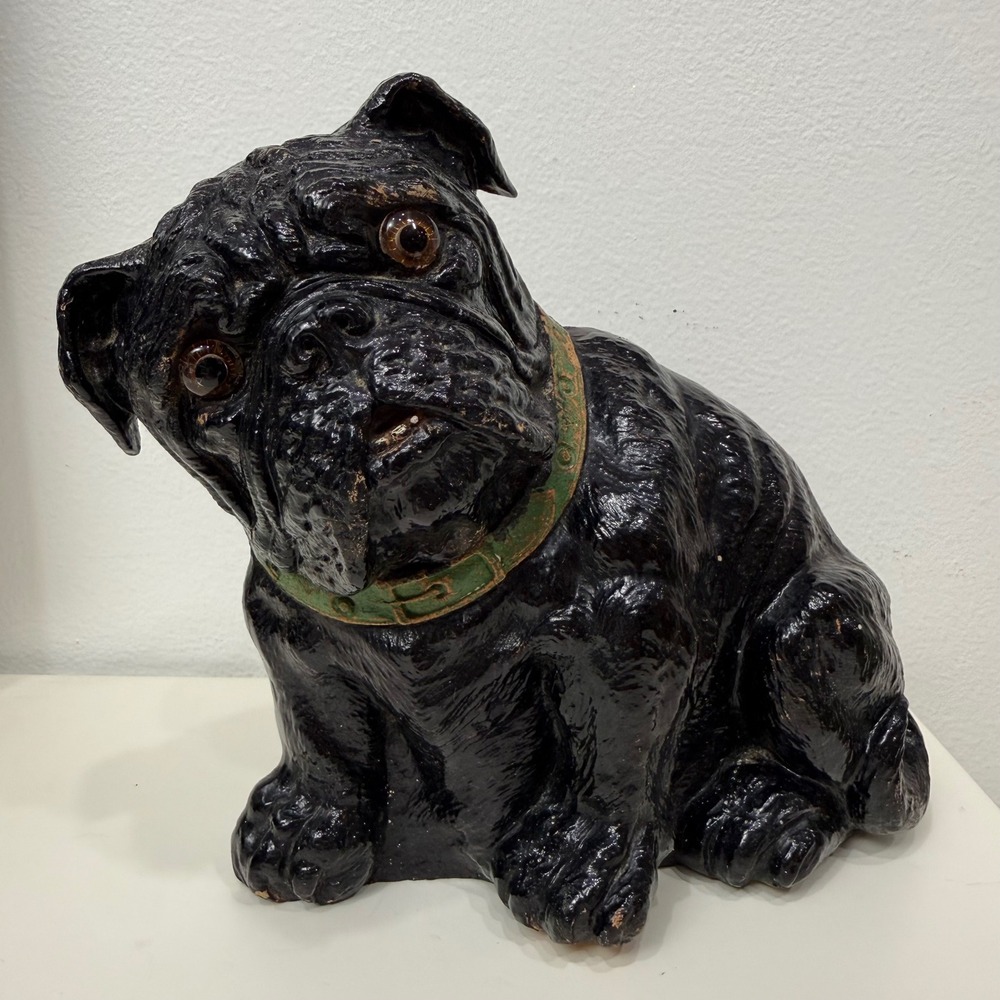 Vintage Chalkware Bulldog Statue 7" Black Glass Eyes Plaster‎ Composite Figurine